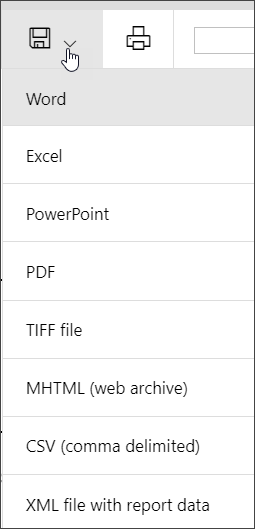 Click the save icon to save the report to a PDF, XML, CSV, MHTML, Excel, TIFF, or Word file.